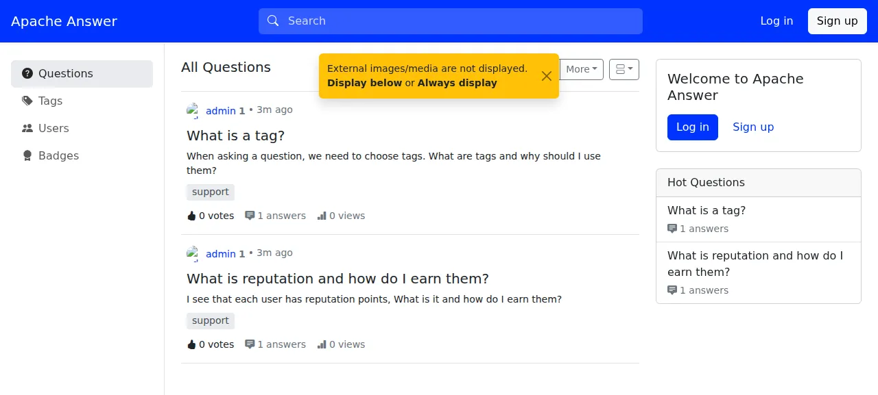 The Apache Answer home page listing questions, signed out
